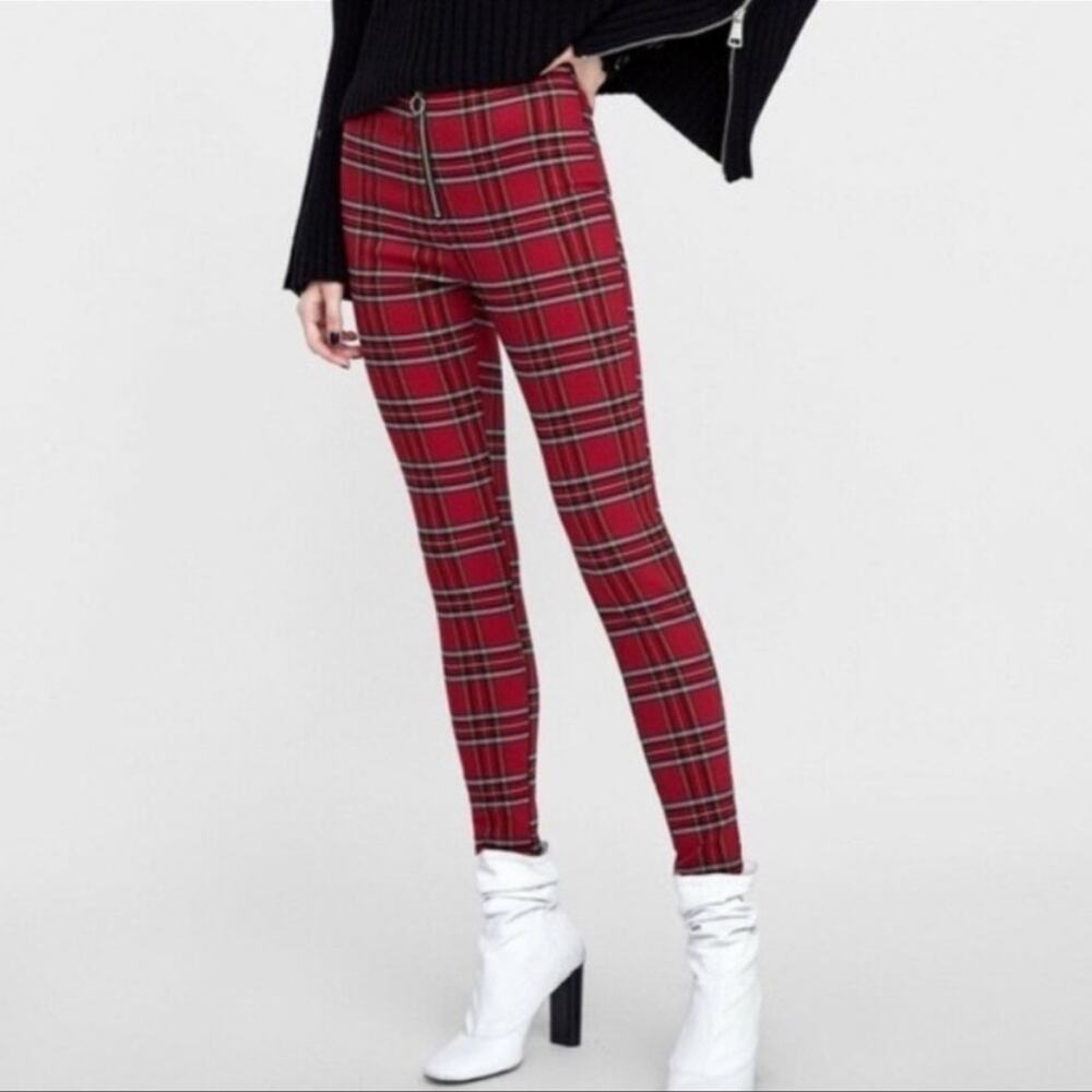 Zara Red Plaid Zip Front High Rise Pants Size Small